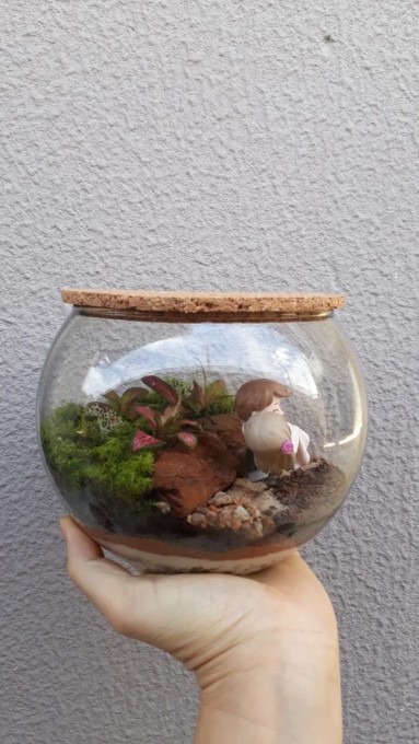 Terrário autossustentável com miniatura em resina. Acompanha o guia de instruções. 
